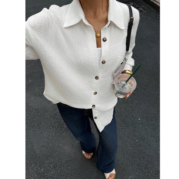 Cotton White Casual Shirt  Button Down Up Long Sleeve - Picture 7 of 16